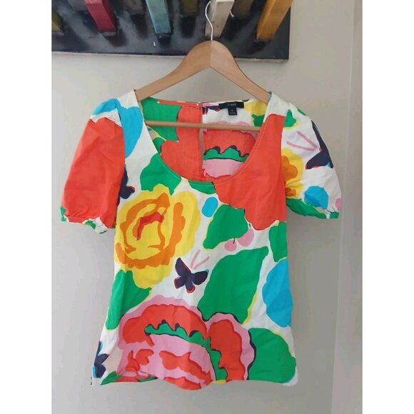 J. Crew Poplin Ratti Jardin Floral Scoop Neck Top Size 2 White S/S Colorful - Picture 1 of 10